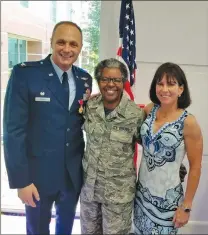  ?? SUBMITTED PHOTO ?? Brenda Herring, center, superinten­dent of the 188th Medical Group for the Arkansas Air National Guard, poses for a photo in 2017 with Col. Bob Kinney, left, and retired Col. Paige Kinney. Herring retired in May and currently works for the University of Central Arkansas in Conway.