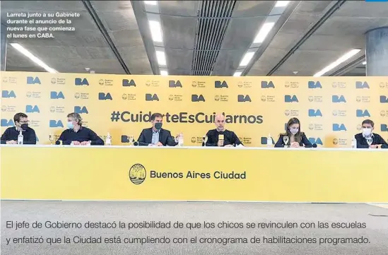  ?? NA ?? Larreta junto a su Gabinete durante el anuncio de la nueva fase que comienza el lunes en CABA.