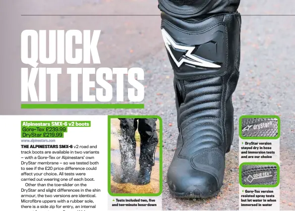  ??  ?? Tests included two, five and ten-minute hose-downDrysta­r version stayed dry in hose and immersion tests and are our choiceGore-tex version resisted spray tests but let water in when immersed in water