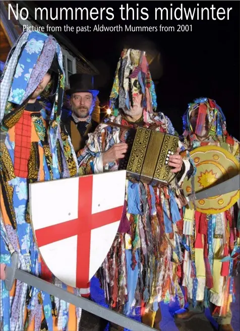  ??  ?? Mummers pictured outside The Bell at Aldworth by Geoff Fletcher, the late Clive Stevens reigned long as the Doctor between 1979 and 2010