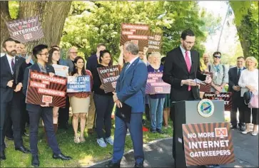  ?? Katy Murphy Bay Area News Group ?? STATE SEN. Scott Wiener speaks in May about his legislatio­n to establish net neutrality protection­s in state law. The bill, signed Sunday by Gov. Jerry Brown, restores rules that were shelved at the federal level this year.