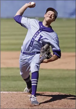  ?? Katharine Lotze/The Signal (See additional photos on signalscv.com) ?? Valencia’s Chase Farrell throws a pitch during a baseball game at West Ranch on March 29.