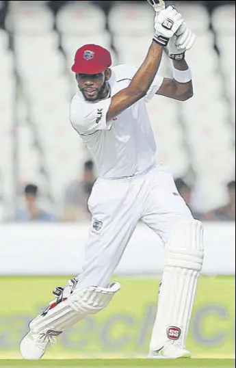  ?? AP ?? Roston Chase, unbeaten on 98, was the only West Indies batsman to cash in after he got set on the first day of the second Test against India in Hyderabad on Friday.