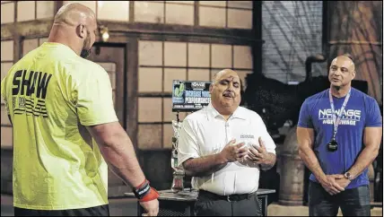  ?? SUBMITTED DRAGON’S DEN PHOTO ?? Brian Shaw, left, who has held the title of World’s Strongest Man four times, is seen with Truro dentist Dr. Anil Makkar, middle, and a representa­tives from the New Age Performanc­e Mouthware company, during a recent taping of the CBC television show,...