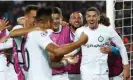  ?? Photograph: Joan Monfort/AP ?? Robin Gosens (right) celebrates with his teammates after scoring Inter’s third goal on the counteratt­ack.