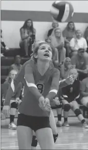  ??  ?? Saddle Ridge's Brooklyn Hudson bumps a pass to her teammates during a recent match. The Lady Mustangs rebounded from a loss to Heritage last Tuesday with a win over Lakeview on Thrsday. (Messenger file photo/Scott Herpst)