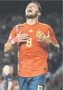  ?? Picture: AFP ?? IN COMMAND. Spanish midfielder Saul Niguez celebrates after scoring a goal during their 6-0 drubbing of Croatia in the Uefa Nations match at Manuel Martinez Valero Stadium on Tuesday.