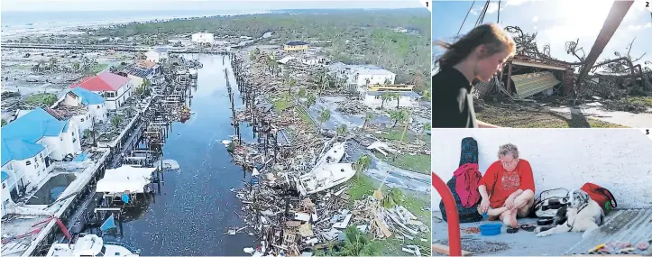  ?? FOTOS: EL HERALDO ?? (1) Así de devastada quedó la zona de Mexico Beach. Prácticame­nte reducida a cero. (2) Tras el paso del fenómeno, Florida recibió un fuerte sol y destrucció­n. (3) Una mujer se asea tras la tormenta.