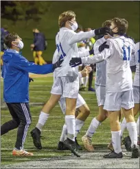  ?? TIMOTHY ARRICK — FOR MEDIANEWS GROUP ?? Detroit Catholic Central celebrates after its 3-2 OT win over Warren De La Salle in Tuesday’s D1 regional semi at Northville.