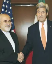  ?? (Reuters) ?? US SECRETARY of State John Kerry meets with Iran’s Foreign Minister Mohammad Javad Zarif at the United Nations Headquarte­rs in New York City in April.