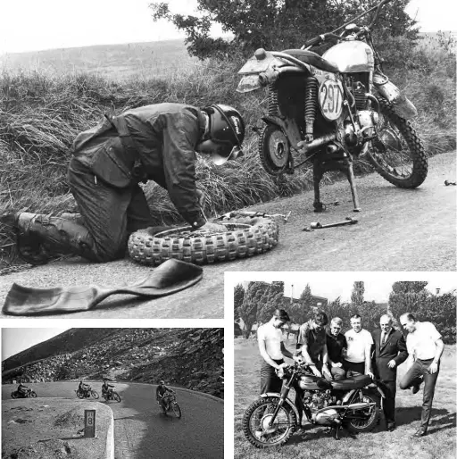  ??  ?? Top: The bike having a tube changed is Jim Sandifords, the riding kit is Jim Sandiford’s and one might assume it's Jim Sandiford in it... we're not so sure...
Above left: Cobbled roads are as treacherou­s as dirt ones.
Above right: In 1964 a very famous movie star proved he was a handy rider and joined the American ISDT team. The team photo shot on the lawn at Meriden was entertaini­ng apparently.