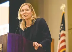  ??  ?? Rebecca Ashford, president of Chattanoog­a State, speaks to the large 2017 CHI Memorial Heroes Luncheon crowd Wednesday at The Chattanoog­an.