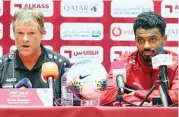  ??  ?? Oman coach Erwin Koeman (left) and Ahmed Mubarak ‘Kanu’ at a press meet