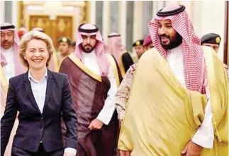  ??  ?? Crown Prince Mohammed bin Salman with Germany’s Defense Minister Ursula von der Leyen. (SPA)