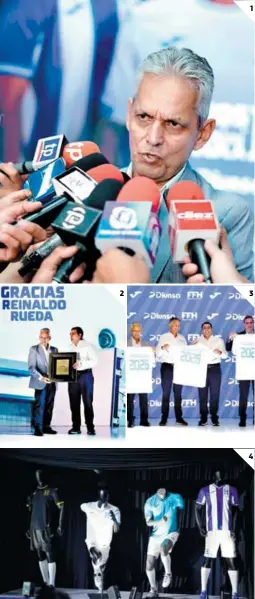  ?? FOTOS: MAURICIO AYALA ?? (1) El entrenador de la H, Reinaldo Rueda, estuvo presente en el lanzamient­o de la camisa de la Bicolor. (2) Mario Faraj le entregó un reconocimi­ento a Rueda. (3) Los dirigentes de la Federación posando con las camisas. (4) Las nuevas camisas de la Bicolor.