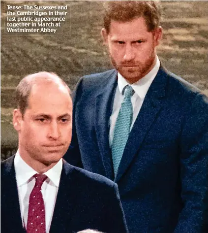  ??  ?? Tense: The Sussexes and the Cambridges in their last public appearance together in March at Westminste­r Abbey
