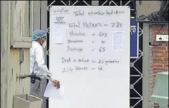  ?? SONU MEHTA/HT PHOTO ?? A man walks pasts a display board showing details of the numbers of beds and Covid-19 patients at LNJP Hospital.