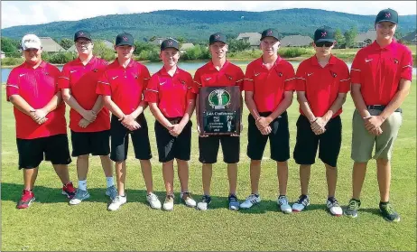  ?? MARK HUMPHREY ENTERPRISE-LEADER ?? The Farmington High School boys golf team coached by Randy Osnes won the 4A-1 District championsh­ip on Tuesday, Sept. 18, 2018 at “The Creeks” golf course at Cave Springs. From left: Trenton Sisco, sophomore; Wesley Bridges, sophomore; Clayton Antwine, freshman; Landon Lawson, freshman, Rhett South, freshman (medalist); Dakota Bogan, freshman; Cody Ballard, sophomore; and Jonathan Brye, junior.