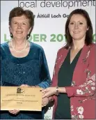  ??  ?? Cllr Kathleen Codd Nolan makes the presentati­on to Jamie Jordan representi­ng Murrintown Community Developmen­t Group.