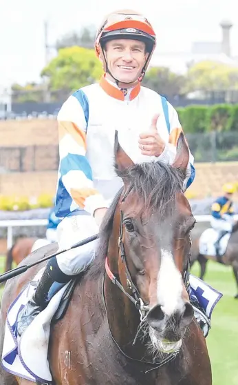  ?? ?? Intrepid Eagle and Luke Currie after winning the Musk Creek Farm Handicap. Picture: Getty Images