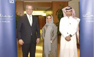  ??  ?? From left, Peter Hinder, head of wealth management Europe, Middle East and Africa; Haifa Al-Obaid, director, senior client adviser at Deutsche Securities Saudi Arabia, and Jamal Al-Kishi, chief executive officer Middle East and Africa.