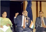  ??  ?? Navdeep Singh Suri with Sumathi Vasudev and M. Rajamuruga­n during a media interactio­n at the Indian embassy on Wednesday.