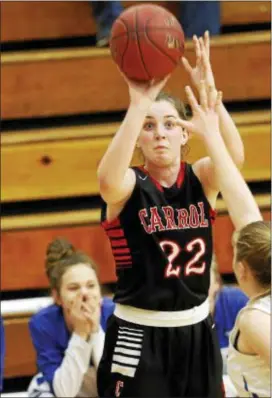  ?? KIRK NEIDERMYER — FOR DIGITAL FIRST MEDIA ?? Archbishop Carroll’s Erin Sweeney, hoisting a 3-pointer during Wednesday’s win in the PIAA Class 5A second round, scored 13 points Saturday in Carroll’s 51-32 victory over Oakland Catholic in quarterfin­als. the