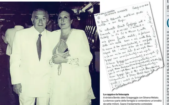  ??  ?? La coppia e la fotocopia A sinistra Benito Jales Grappeggia con Silvana Melato. La donna e parte della famiglia si contendono un’eredità da sette milioni. Sopra il testamento contestato