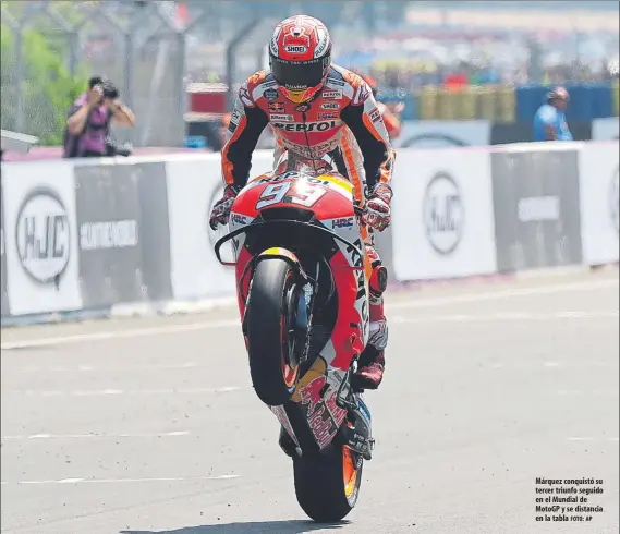  ?? FOTO: AP ?? Márquez conquistó su tercer triunfo seguido en el Mundial de MotoGP y se distancia en la tabla