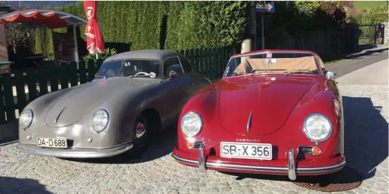  ??  ?? Above: Founding organiser/co-ordinator of the Pre-a Internatio­nal, Albert Haefner, owns this fine pair of Pre-as, a split-screen coupé and bent-screen cabriolet