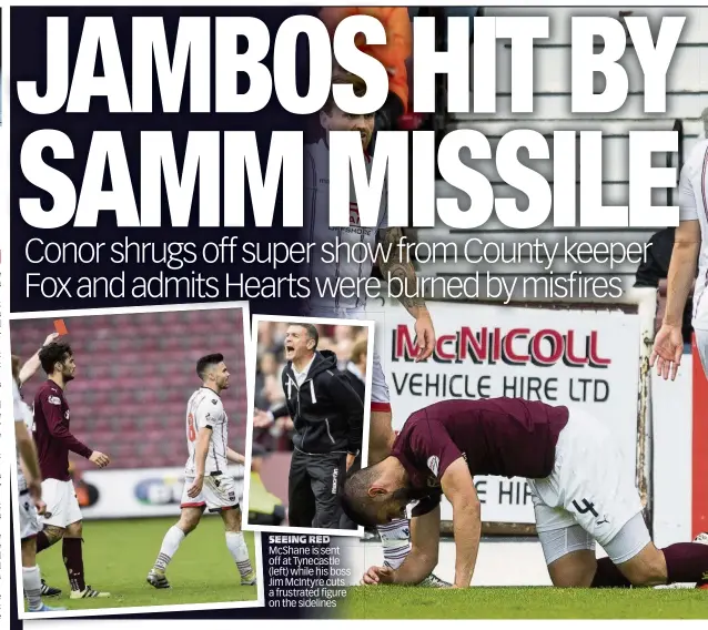  ??  ?? SEEING RED MMcShaneSh iis sent t off at Tynecastle (left) while his boss Jim McIntyre cuts a frustrated figure on the sidelines