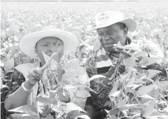  ??  ?? President Mnangagwa stresses a point on soya beans to Minister of Defence Cde Oppah Muchinguri during a tour of Pricabe farm in Kwekwe last Thursday