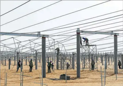  ?? PENG YUAN / XINHUA ?? Workers set up frameworks for a solar power project, in the Kubuqi desert, in the Inner Mongolia autonomous region.