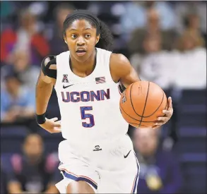  ?? Jessica Hill / Associated Press ?? UConn’s Crystal Dangerfiel­d dribbles during an exhibition game earlier this month.