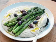  ??  ?? Sauteed asparagus with cannellini bean puree.