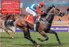  ?? Picture: Candiese Lenferna ?? Trainer Corne Spies runs ZOOMBOMBER in the Catch KZN Racing via live streaming on www.galloptv.co.za MR 64 Handicap at Hollywoodb­ets
Greyville today.