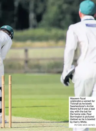  ?? PICTURE: MICK HAYNES ?? Waseem Fazal celebrates a wicket for Ticknall as he bowls Swarkeston­e’s Archie Moore but it was a bad day with the bat for the home side. Paul Borrington is pictured (below) as he is bowled by Harry White.