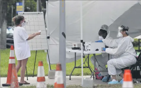  ?? LYNNE SLADKY-ASSOCIATED PRESS ?? FILE - In this Friday, July 17, 2020file photo, health careworker­s take informatio­n frompeople in line at a walk-up COVID-19testing site during the coronaviru­s pandemic in Miami Beach, Fla.