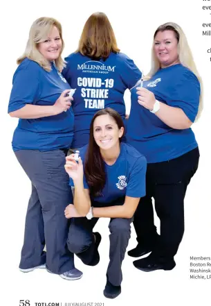  ??  ?? Members of the Lee County Covid-19 Strike Team were honored by the Boston Red Sox during spring training: (l-r) Melinda Talton, RN; Amy Washinsky, practice manager (back); Amanda Simone, RN; and Leanne Michie, LPN. Not pictured: Stacy Cohen, RN