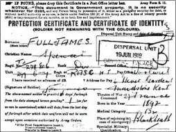  ??  ?? Spencer Fulljames’ dispersal certificat­e which records that he served in France