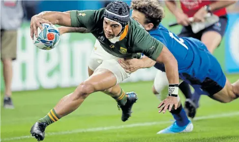 ?? Picture:RUGBY WORLD CUP/TWITTER ?? BIG GUNS: The spending power of clubs to buy top players such as Cheslin Kolbe, here scoring during the 2019 Rugby World Cup, will take a knock due to the coronaviru­s