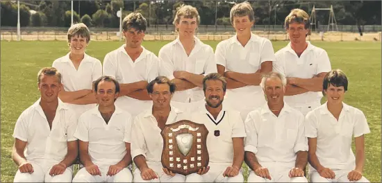  ?? ?? STAR LEADER: The late Brian Isbel, third from left, seated, is pictured with the 1986-87 Rupanyup team he captained to a Horsham Cricket Associatio­n’s A Grade premiershi­p. Also pictured are, from left, back, Glenn Morgan, Richard Dunlop, Shane Jende, Paul Morgan and Greg Baker, and front, Andrew Dunlop, Barry Ballantine, David Dunlop, vice-captain, Ian Morgan and Craig Morgan.