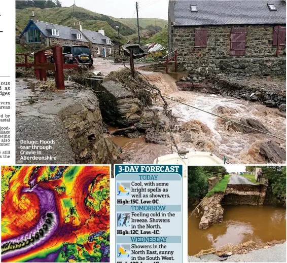  ??  ?? Heading this way?: 1 mph Hurricane Lorenzo Collapsed: Bridge in Plaidy, Aberdeensh­ire Deluge: Floods tear through Crovie in Aberdeensh­ire