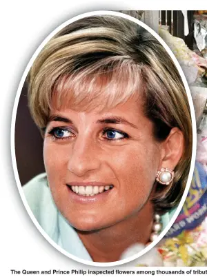  ??  ?? The Queen and Prince Philip inspected flowers among thousands of tributes outside Buckingham Palace that were left for Princess Diana, inset, following her death 22 years ago