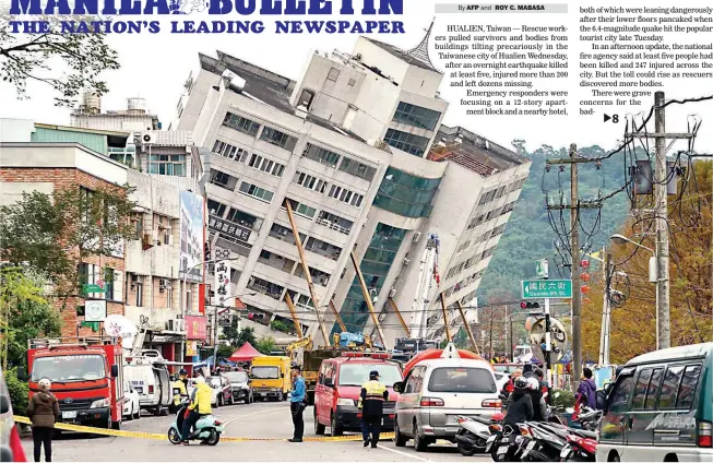  ??  ?? PRECARIOUS PERCH – Cranes prop up a building in the Taiwanese city of Hualien that came off its foundation during the magnitude 6.4 earthquake Wednesday. (AFP)