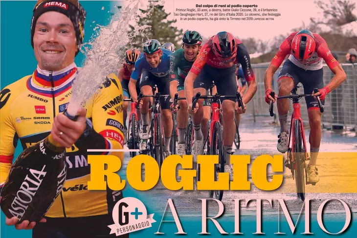  ?? LAPRESSE-BETTINI ?? Dal colpo di reni al podio coperto
Primoz Roglic, 33 anni, a destra, batte Giulio Ciccone, 28, e il britannico Tao Geoghegan Hart, 27, re del Giro d’Italia 2020. Lo sloveno, che festeggia in un podio coperto, ha già vinto la Tirreno nel 2019