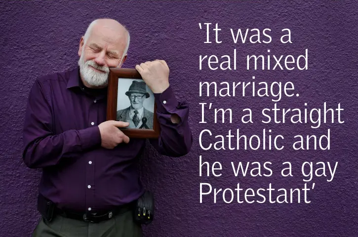  ??  ?? HAPPINESS: Michael O’Sullivan holds a photograph of his late husband Matt Murphy at their Stoneybatt­er cottage. Photo: Steve Humphreys. Below: On their wedding day. Photo: Colin Keegan