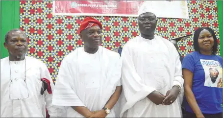  ?? KOLA OLASUPO ?? L-R: Former Military Governor of Lagos State and NADECO leader, Admiral Ndubusi Kanu (rtd); former Governor of Abia State/Chairman of the occasion, Mr. Orji Uzor Kalu; National Coordinato­r, Oodua People’s Congress (OPC), Chief Gani Adams; and...