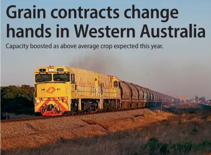  ?? PHIL MELLING ?? The first Aurizon operated train ran on February 1 and is seen leaving Aurizon’s yard at Narngulu with P Class locos Nos. P2503 + P2515 in the latest Aurizon yellow livery. This was an initial contract to assist Watco moving more grain to Geraldton Port. The P Class, with 2450HP GE engines, were built between 1989 and 1991 for former state-owned operator Westrail (Western Australian Government Railways) which was privatised in 2000.