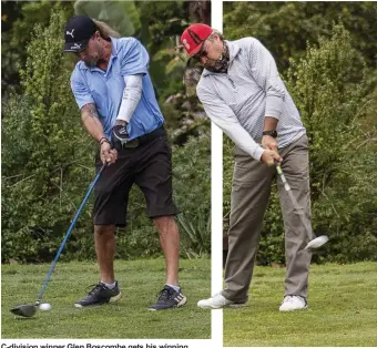  ?? Photos: Blake Linder ?? C-division winner Glen Boscombe gets his winning round under way.
Leslie Bothma lets rip on the first hole.